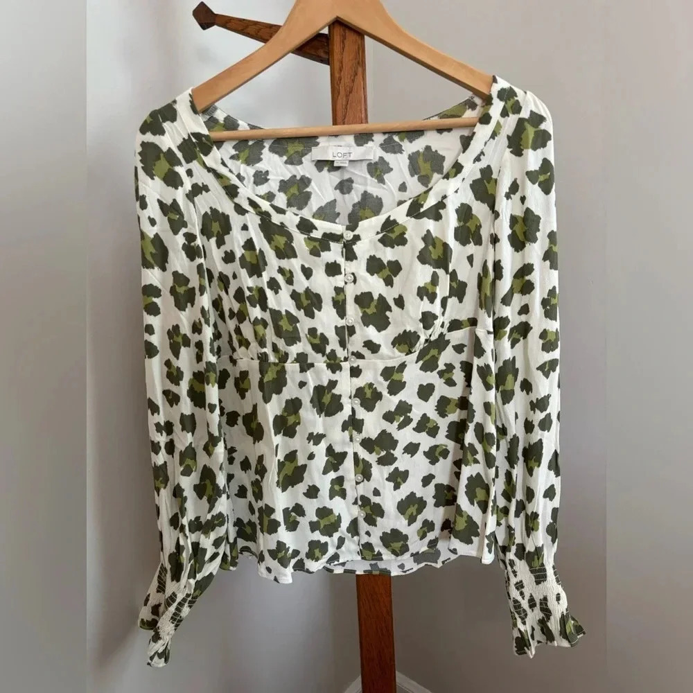Loft XS Green & Ivory Animal Print Button Down Blouse